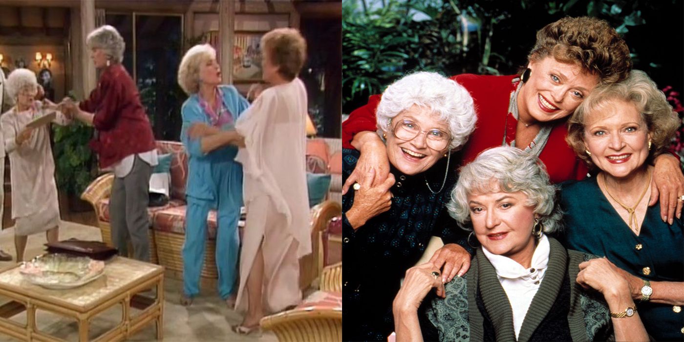 The Golden Girls fight in the living room and pose for a cast shot.