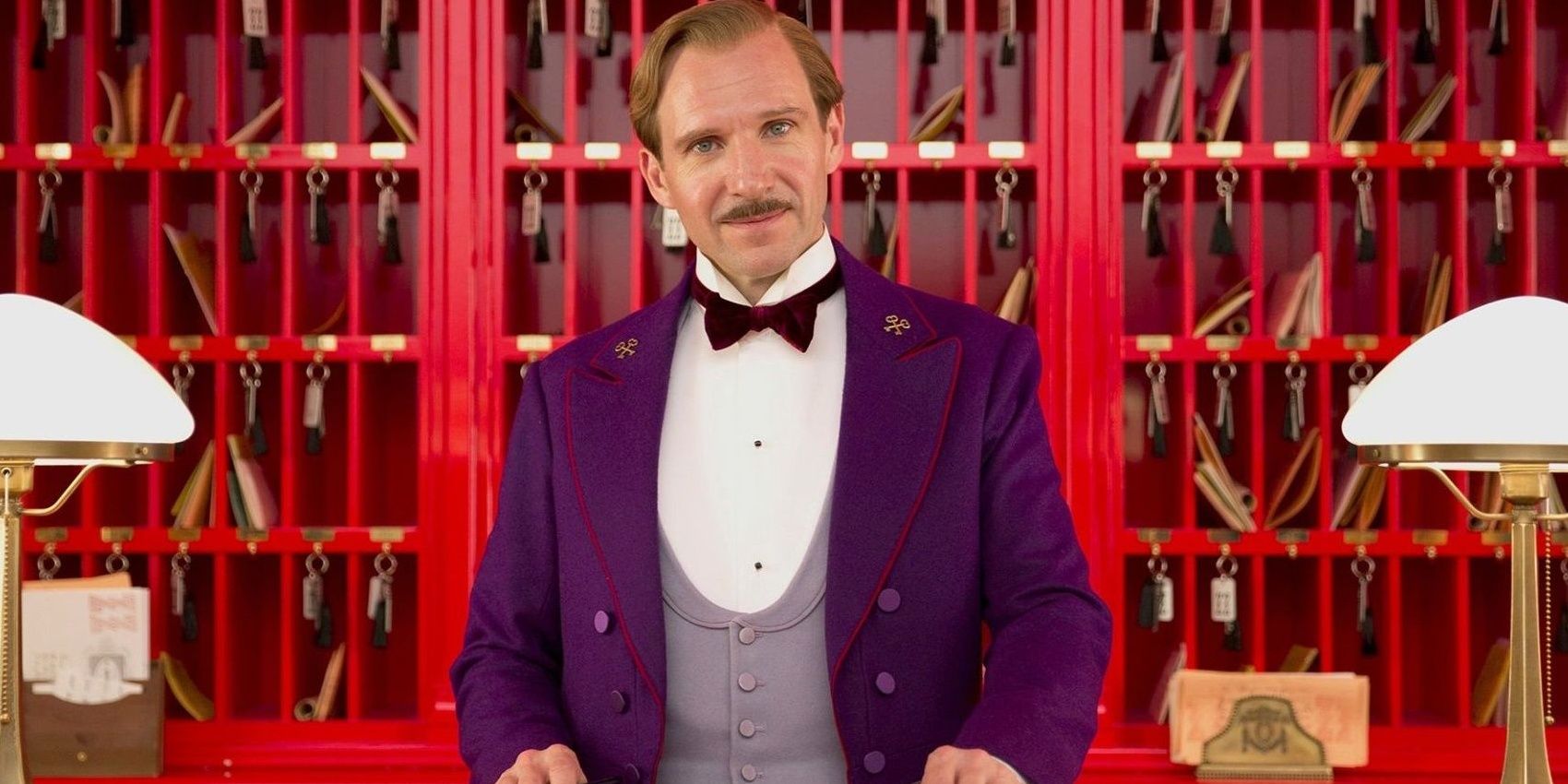 M. Gustave in a purple suit in The Grand Budapest Hotel