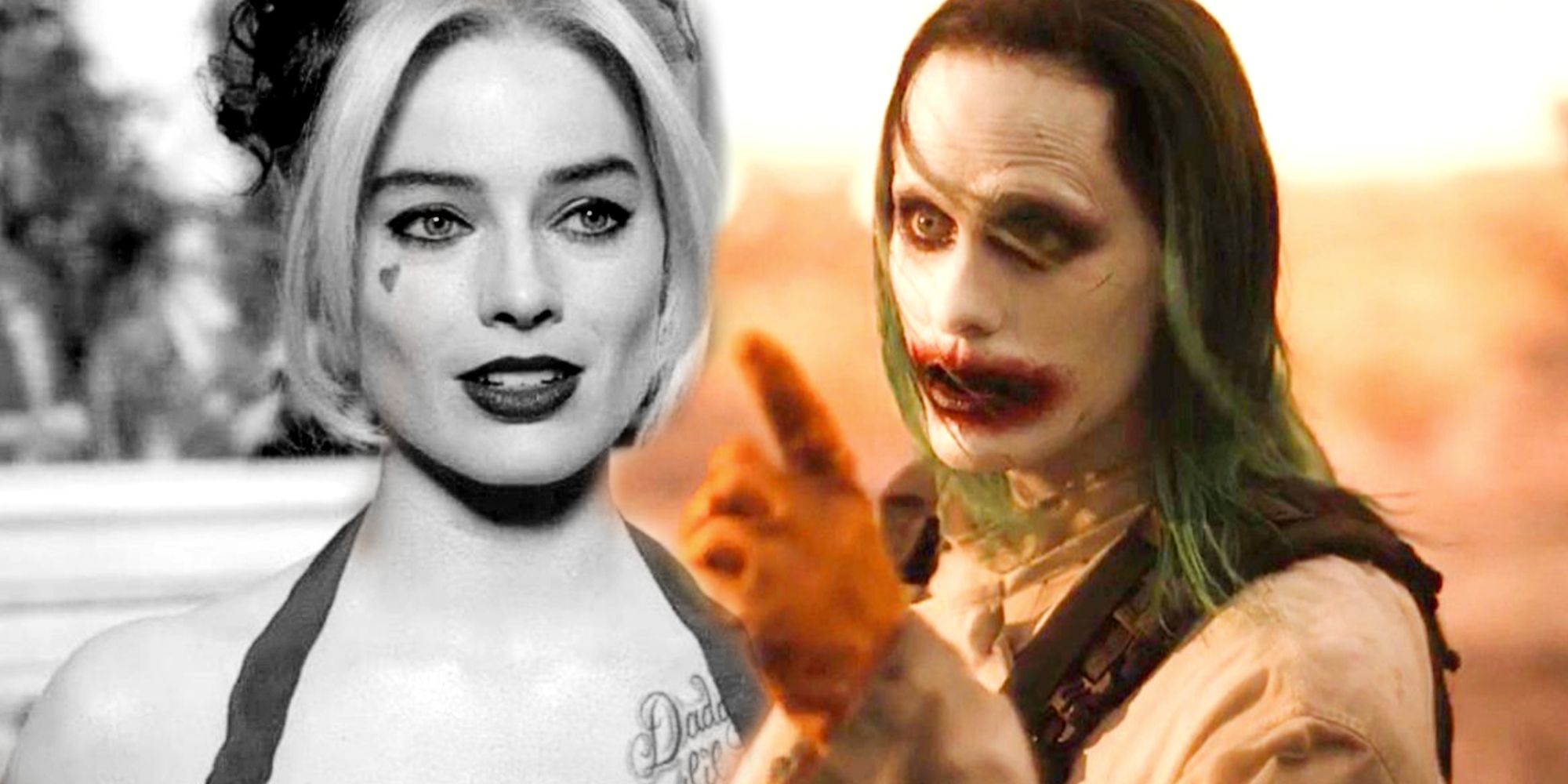 Split image o Harley Quinn and The Joker in Zack Snyder's Justice League and Harley Quinn in The Suicide Squad