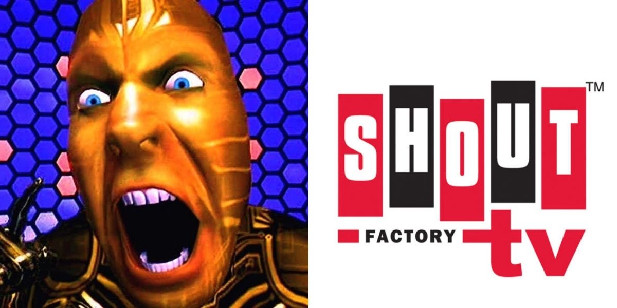 Two side by side images from The Lawnmower Man and the logo for Shout Factor TV.