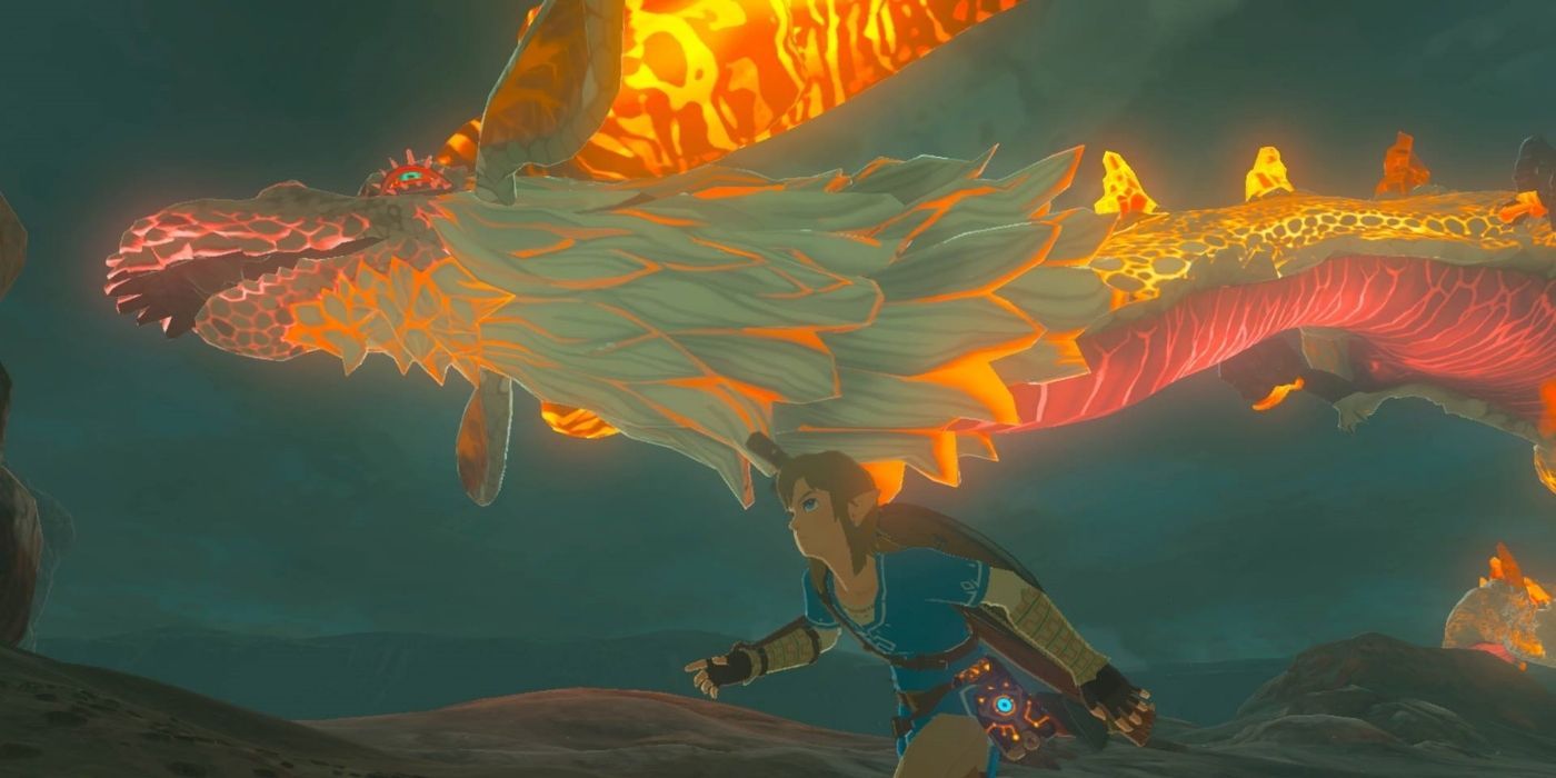 Link running bisades Dinraal in Breath of the Wild