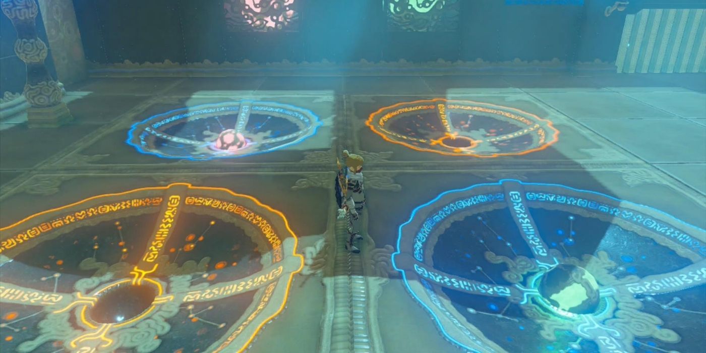Link inside the Kihiro Moh Shrine in Breath of the Wild, where large stone spheres must be placed in the correct receptacles to complete a puzzle.