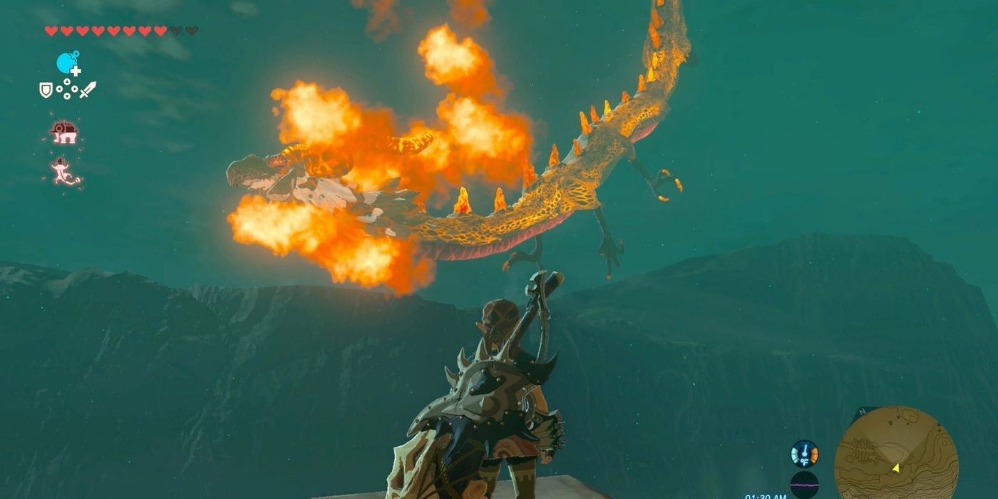 Link faces Dinraal in Breath of the Wild