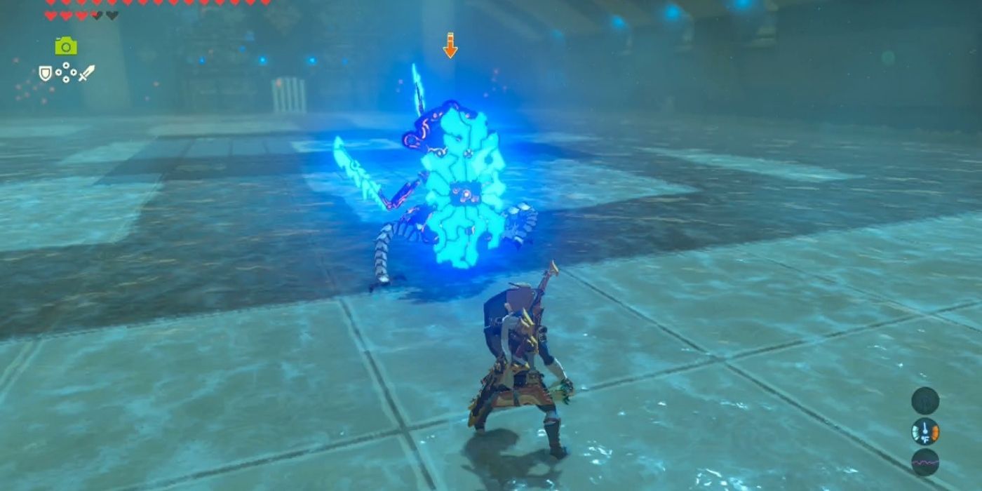 Link fighting against a Guardian Scout IV in Breath of the Wild