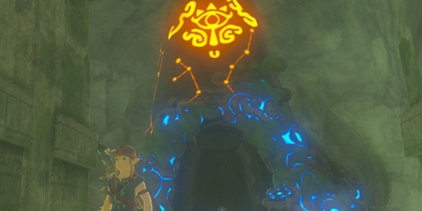 Link in front of an Ancient Shrine in Breath of the Wild.