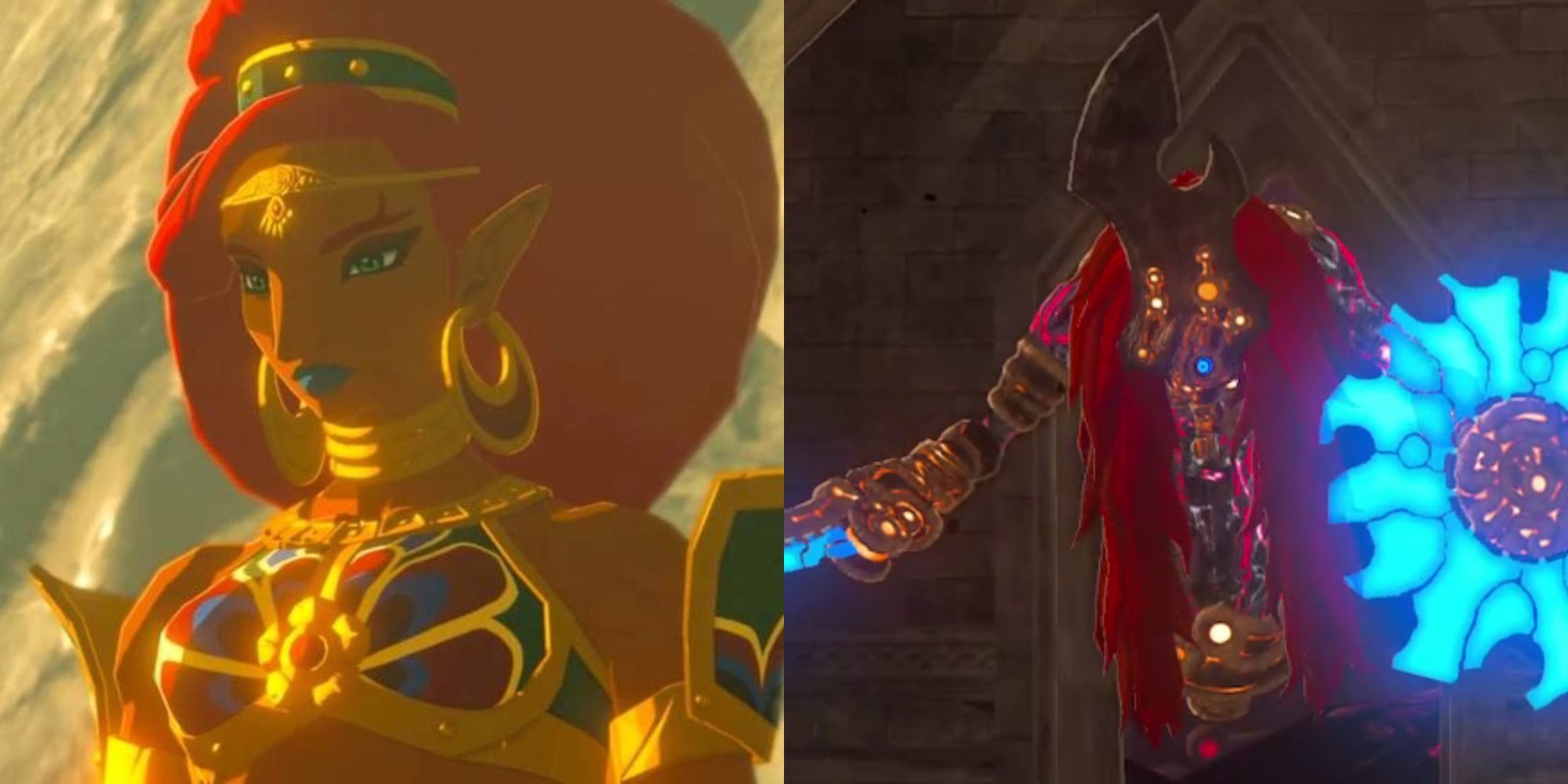 Split image showing Urbosa and Thunderblight Ganon in Breath of the Wild