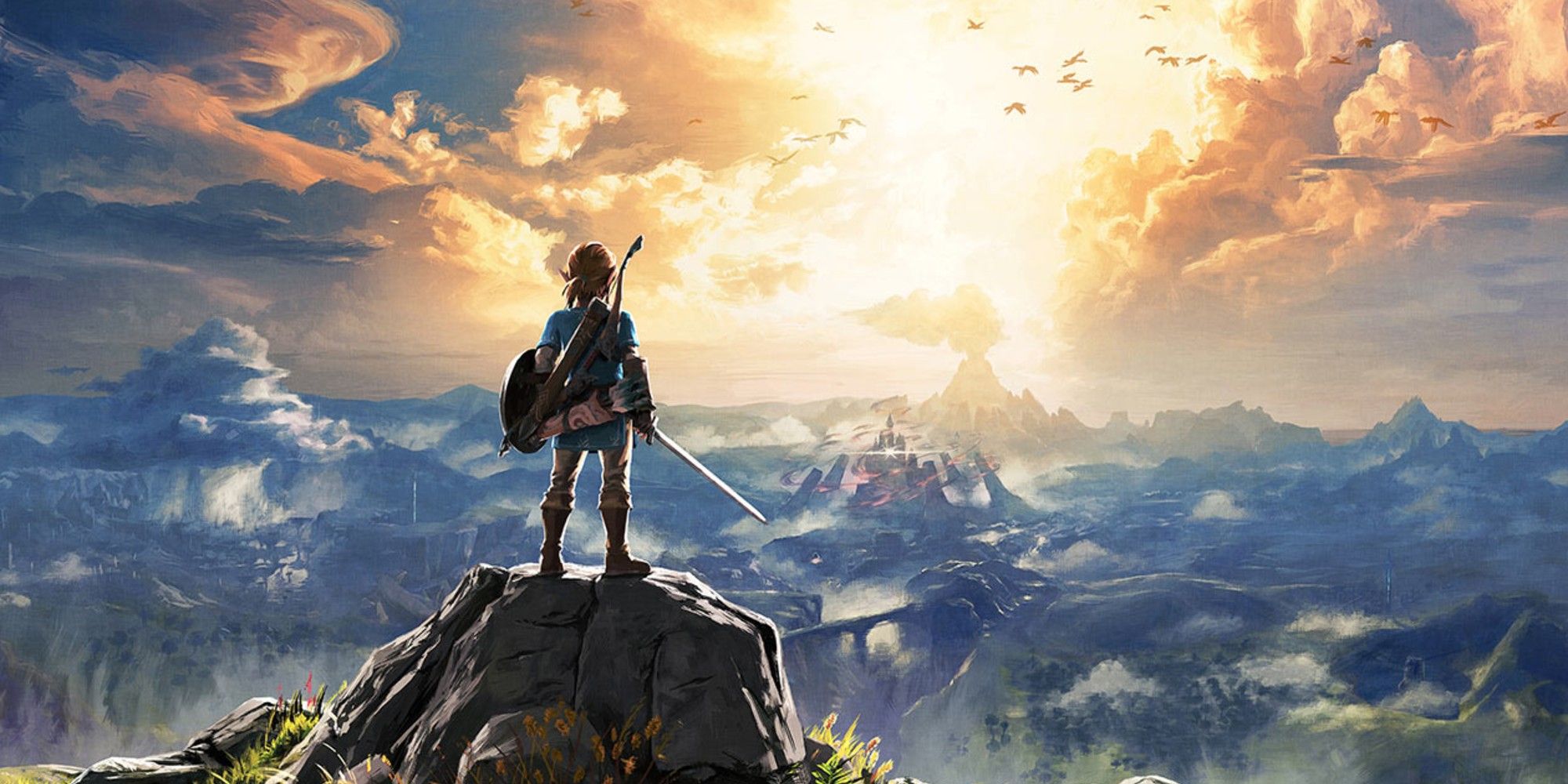 Link stands atop a cliff in key art for The Legend of Zelda: Breath of the Wild.