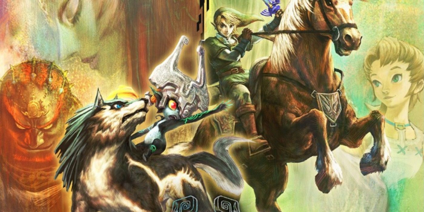 Art from The Legend of Zelda Twilight Princess cover with Link on horseback and Midna astride Wolf Link.