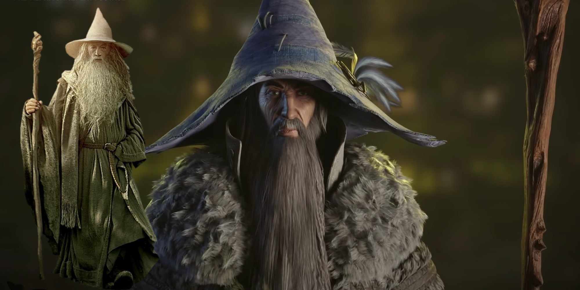Gandalf dari film Lord of the Rings melapiskan gambar Gandalf dari game The Lord of the Rings Gollum