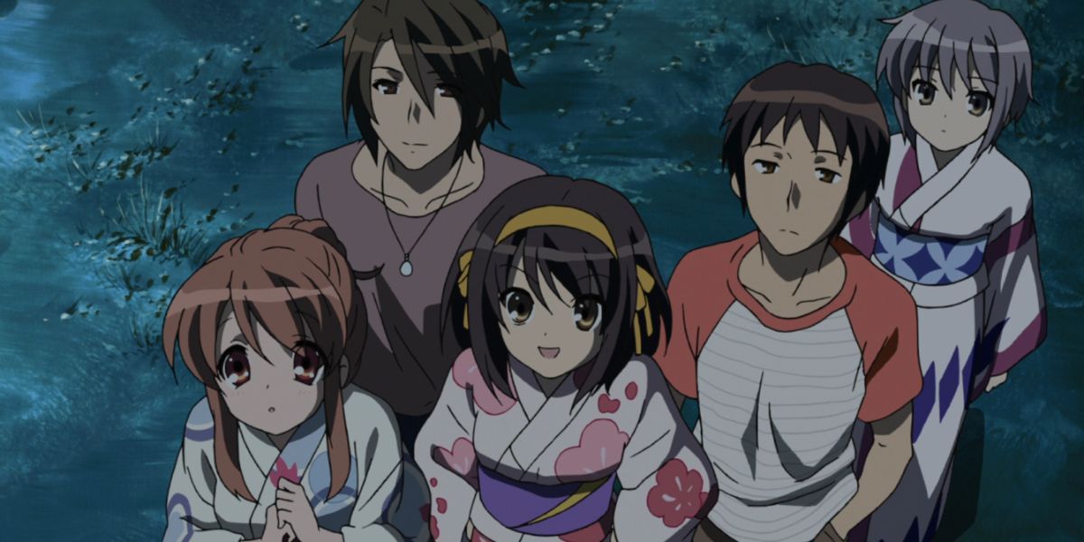 The cast of The Melancholy of Haruhi Suzumiya looking up