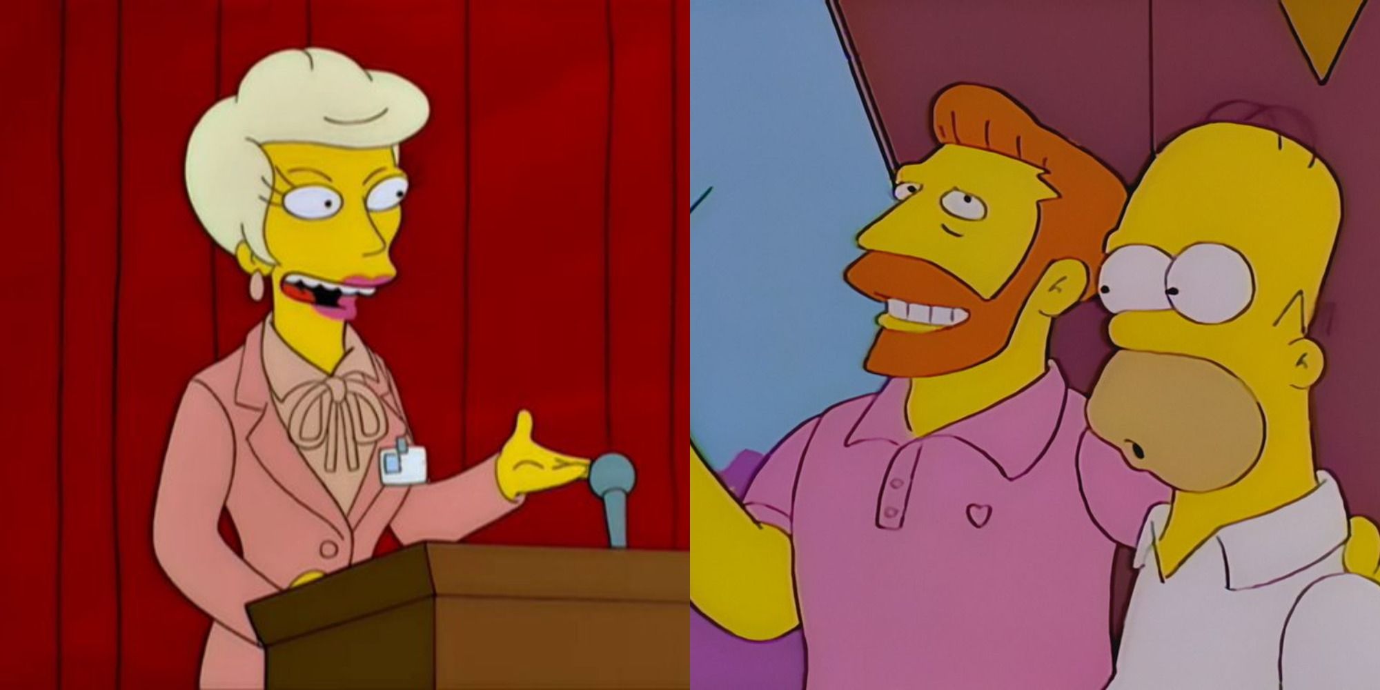 Split image showing Lindsey Naegle giving a speech and Homer and Hank Scorpio in The Simpsons