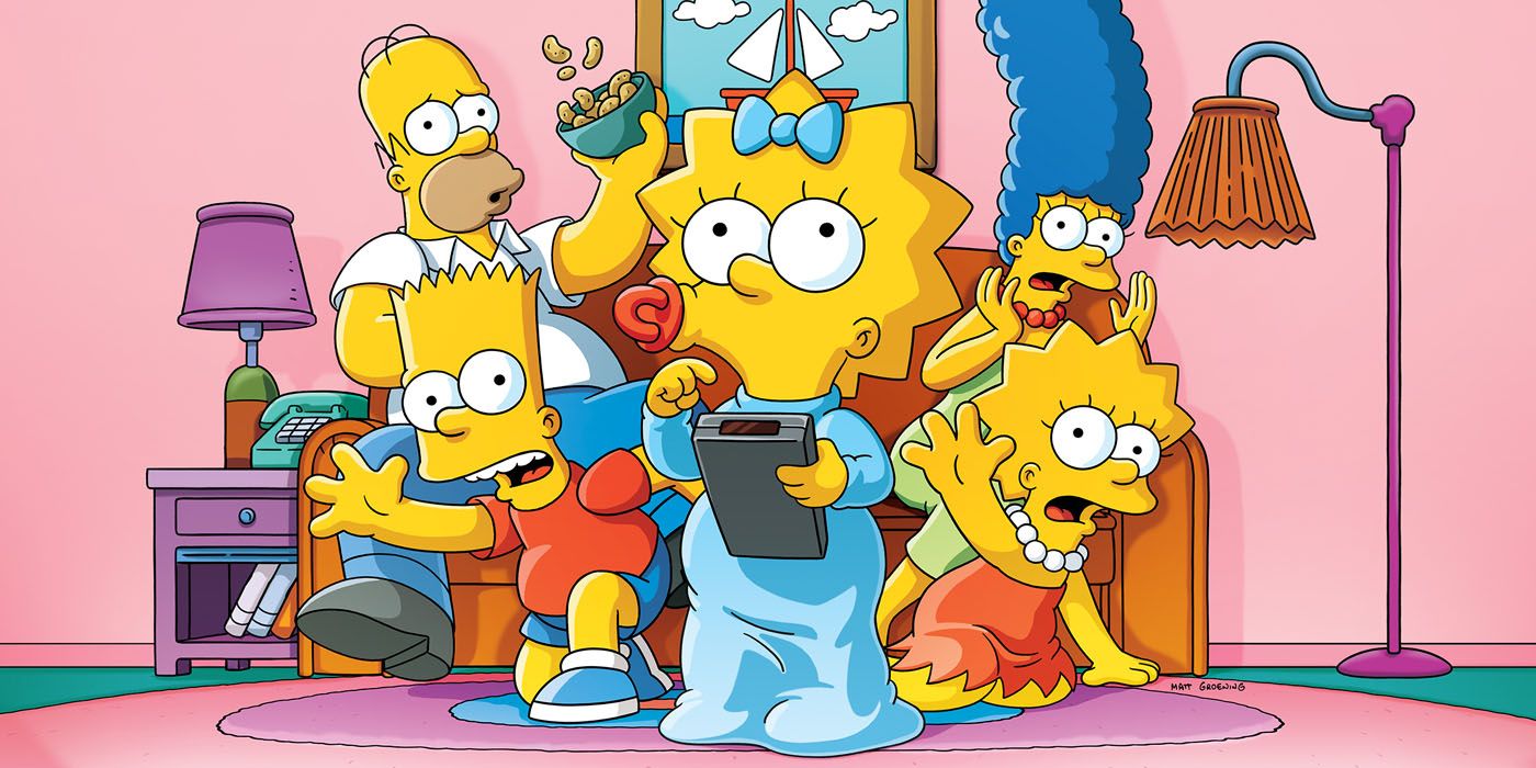 Maggie Simpson holding a TV remote, surrounded by the Simpsons