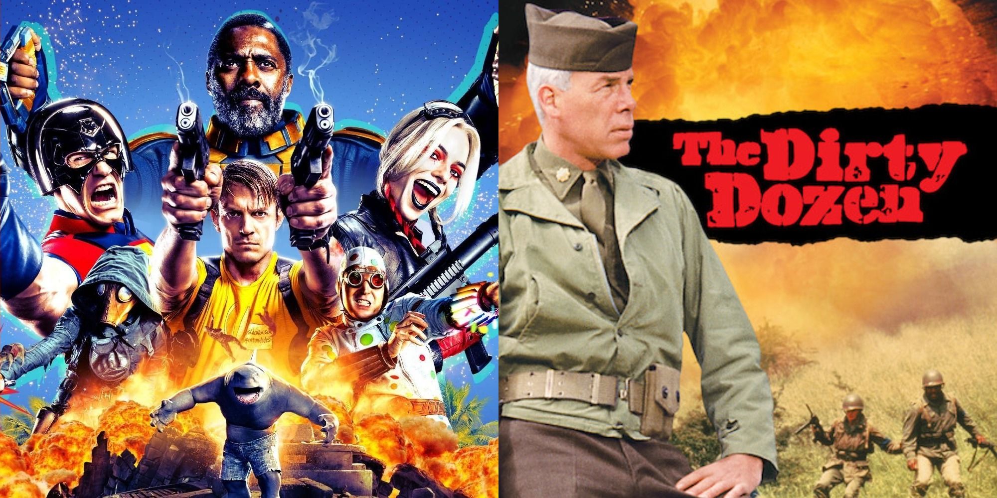 Split image showing the cast of The Suicide Squad and the poster for The Dirty Dozen