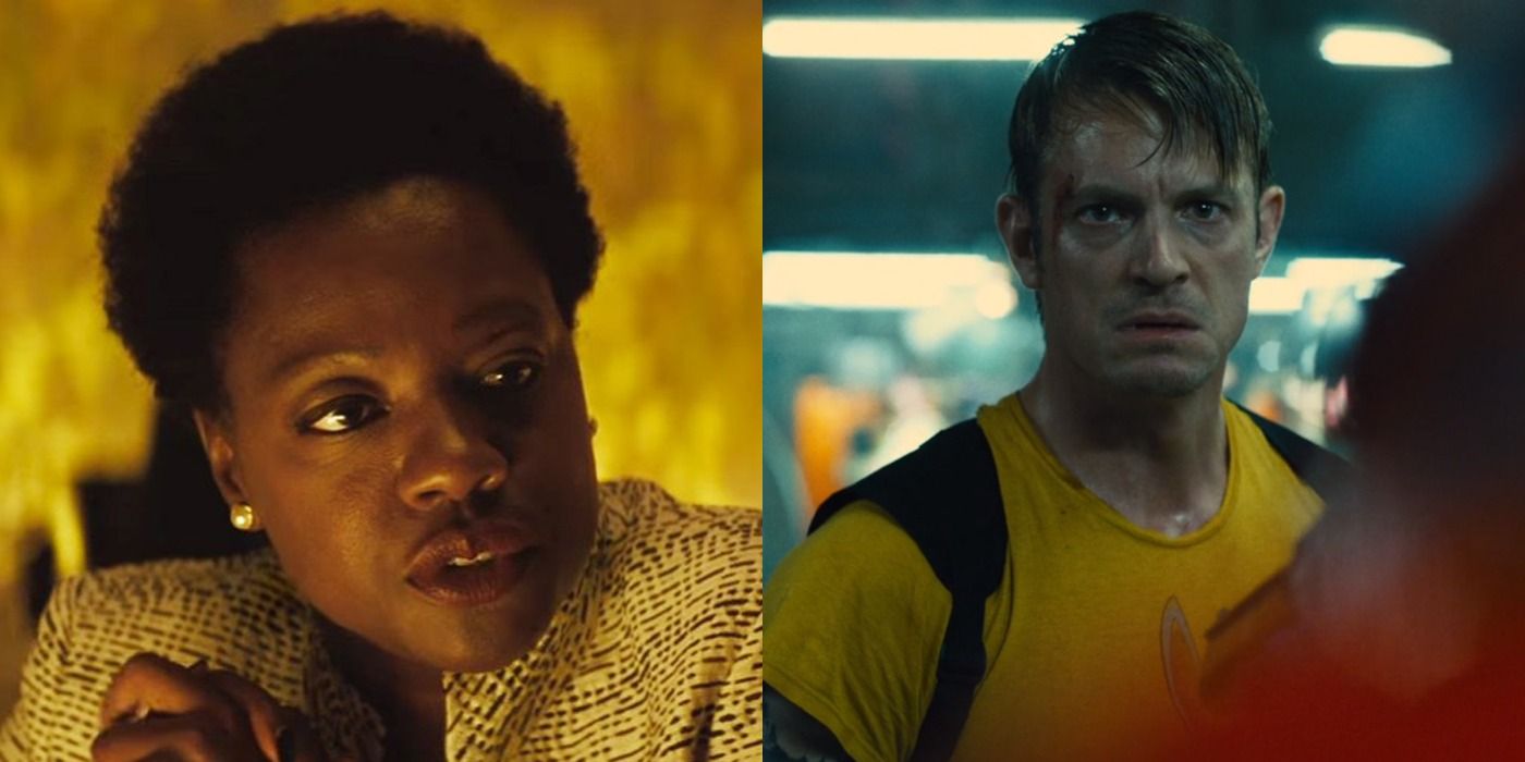 Split image of Amanda Waller talking in a meeting and Rick Flag looking angry
