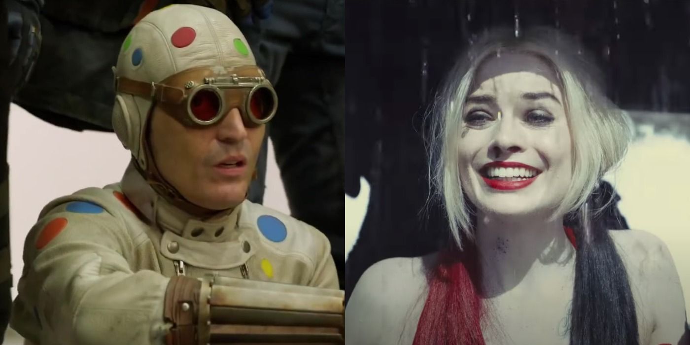 Split image: Polka-Dot Man wears goggles/ Harleyy Quinn smiles in the rain