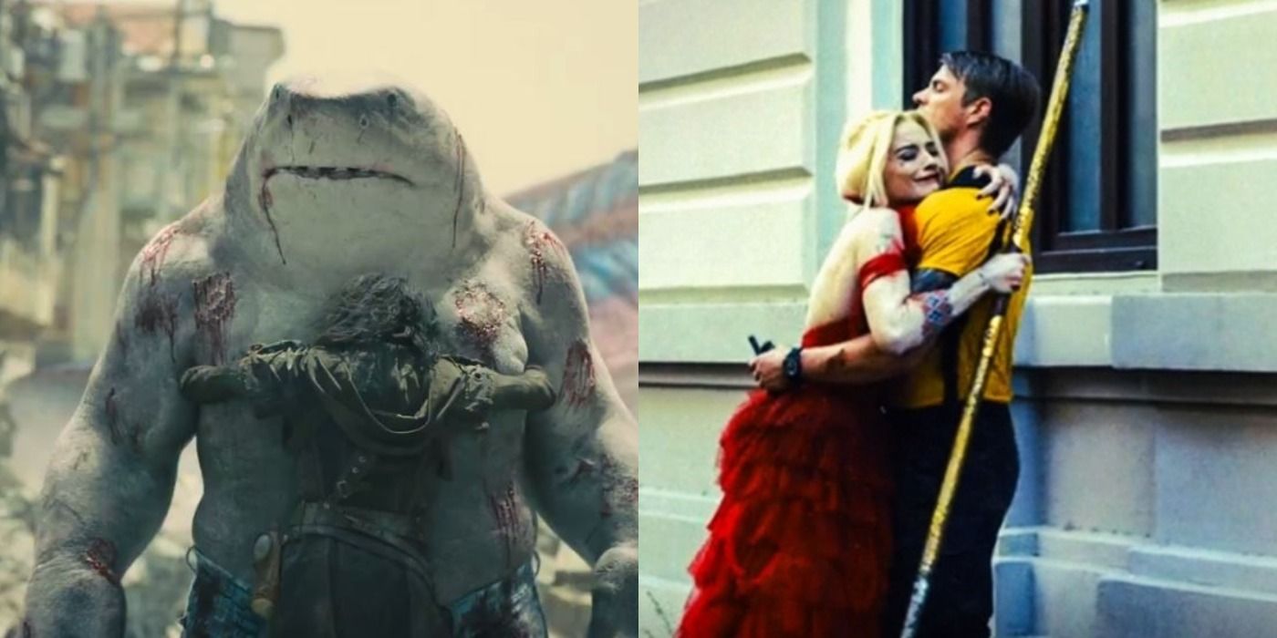 A split image of Ratcatcher 2 and King Shark hugging and Harley Quinn and Rick Flag hugging in The Suicide Squad