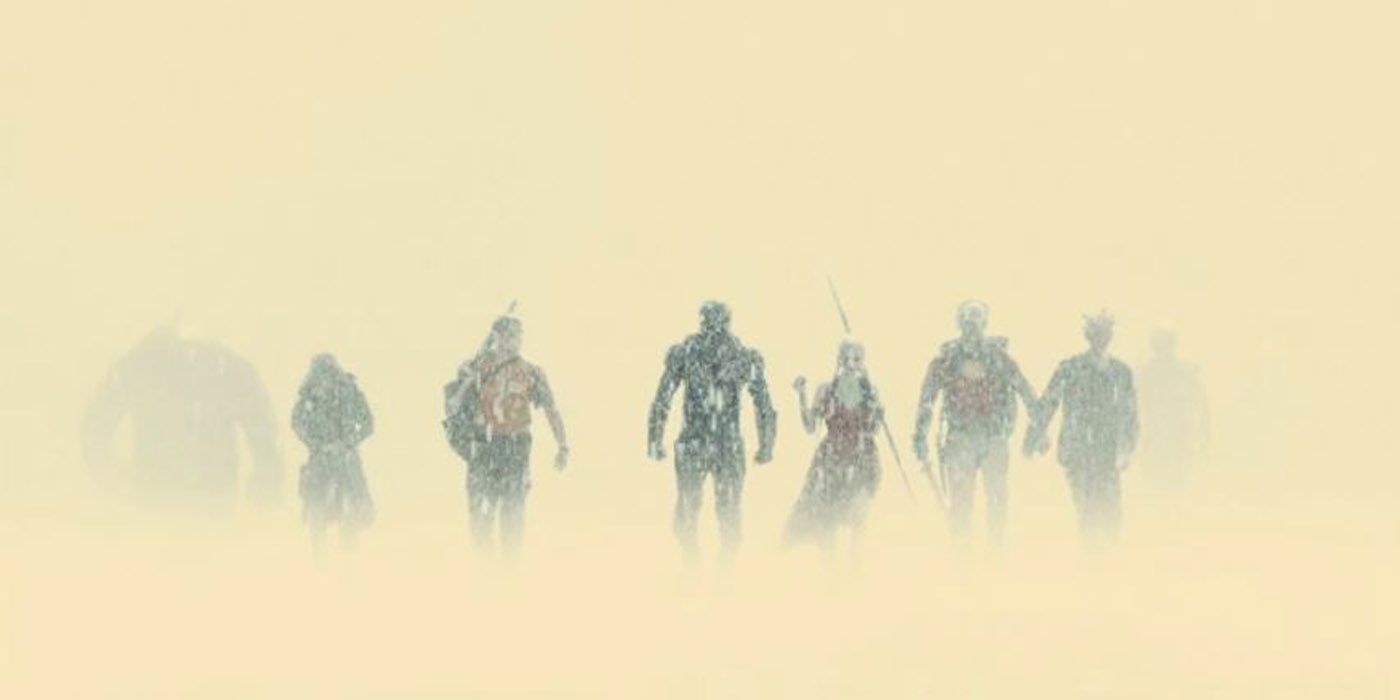 The Suicide Squad walking out of the rain.