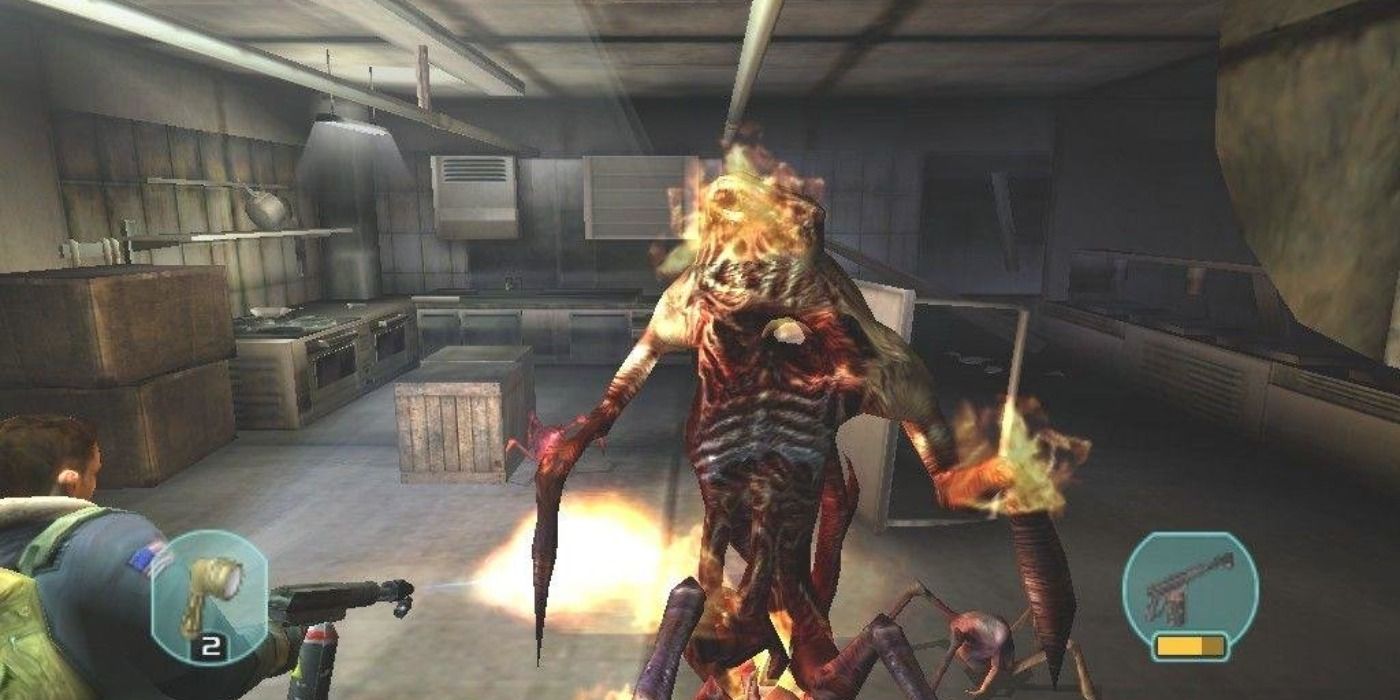 Player taking out an enemy with a flamethrower in The Thing (2002) video game 