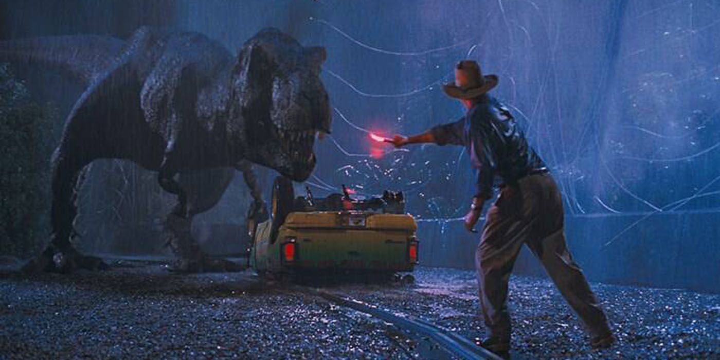 Alan Grant distracts the T-Rex with a flare in Jurassic Park