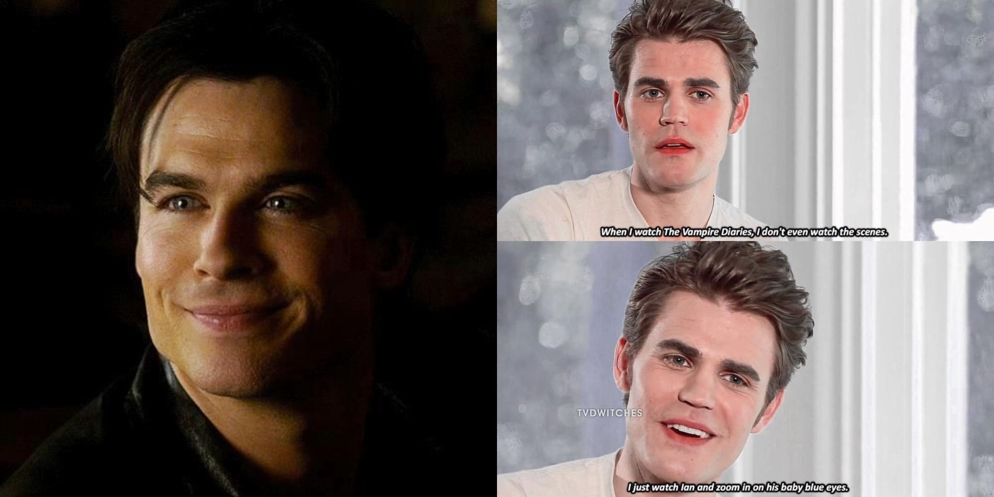 Split image showing Damon Salvatore smiling and a meme featuring Paul Wesley