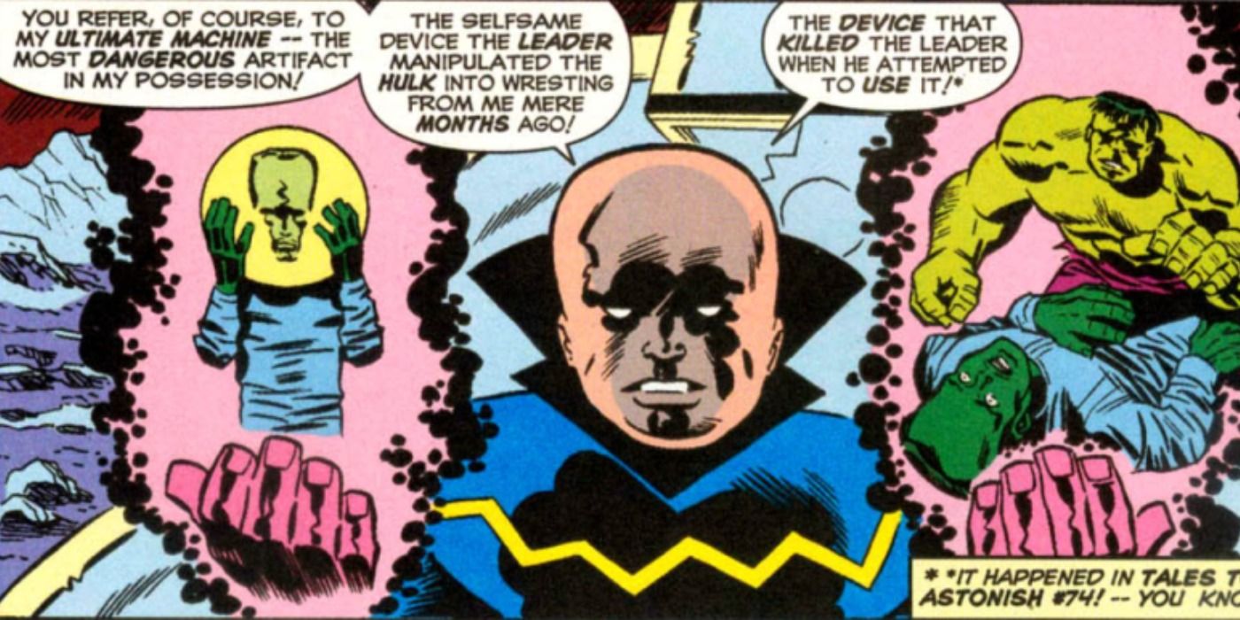The Watcher observes the Leader and Hulk in Marvel Comics.