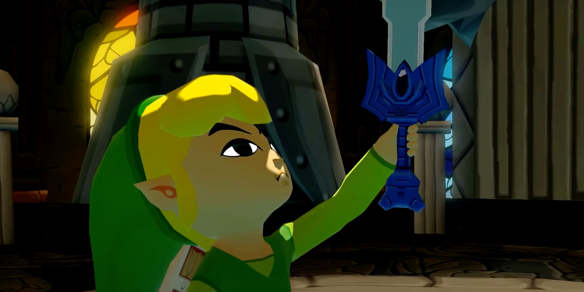 Link lifts The Master Sword in The Wind Waker.