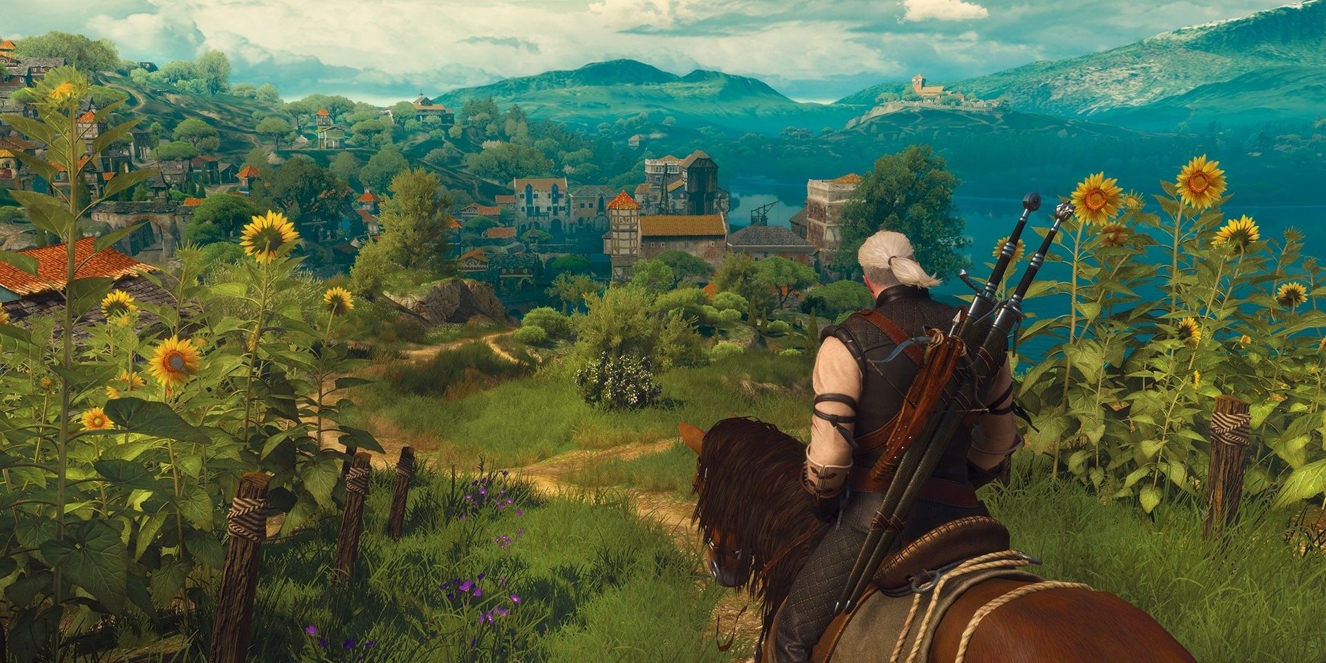 Geralt riding a horse in The Witcher game