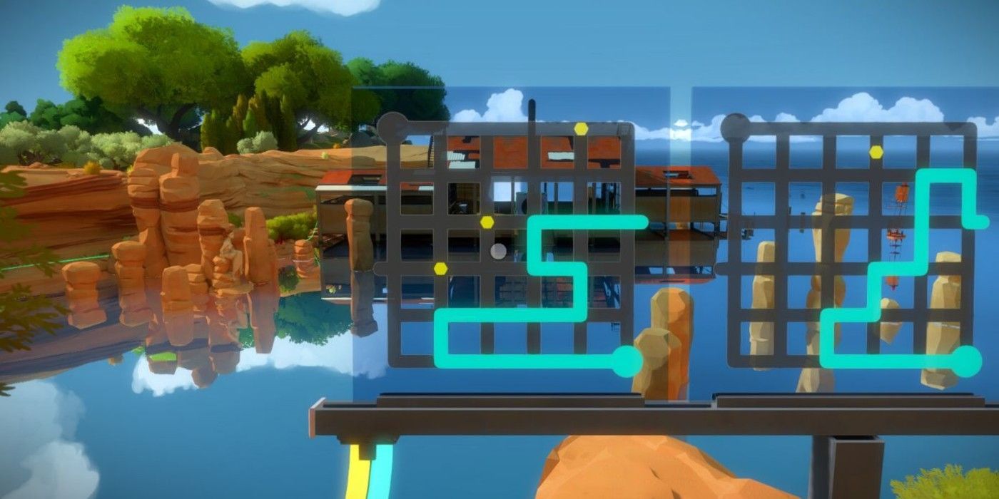 A puzzle from The Witness is played in front of a lake