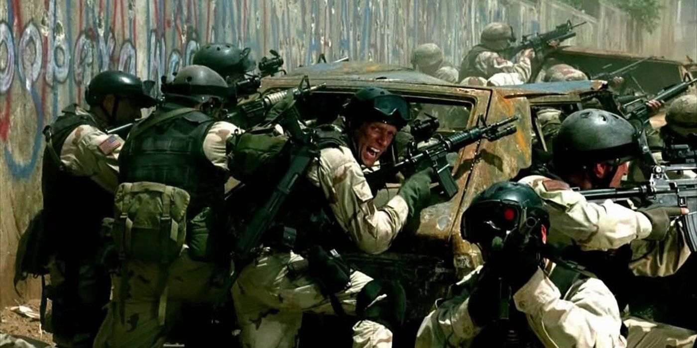 The soldiers in a gunfight in Black Hawk Down.