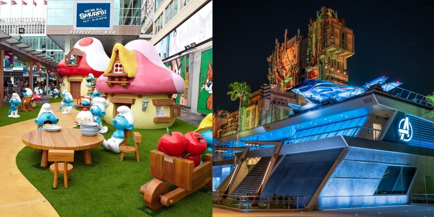 Split image of Smurf Village and Avengers Campus