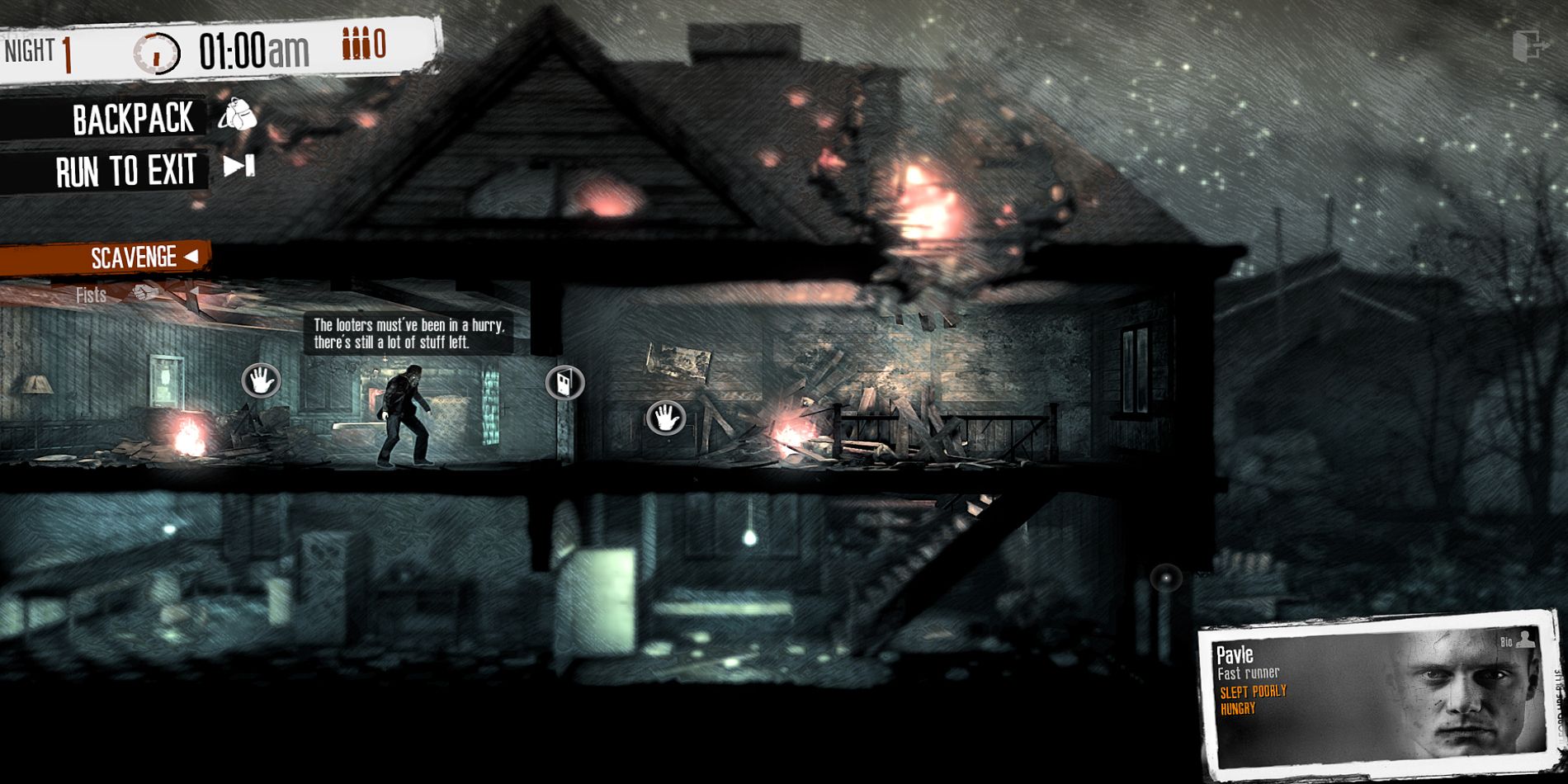 An image of an interior of a dilapidated house with someone on the second floor in This War of Mine.