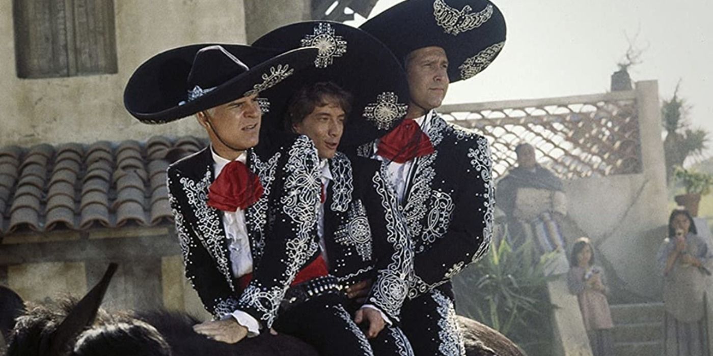 Steve Martin, Martin Short, and Chevy Chase as the Three Amigos riding a horse.