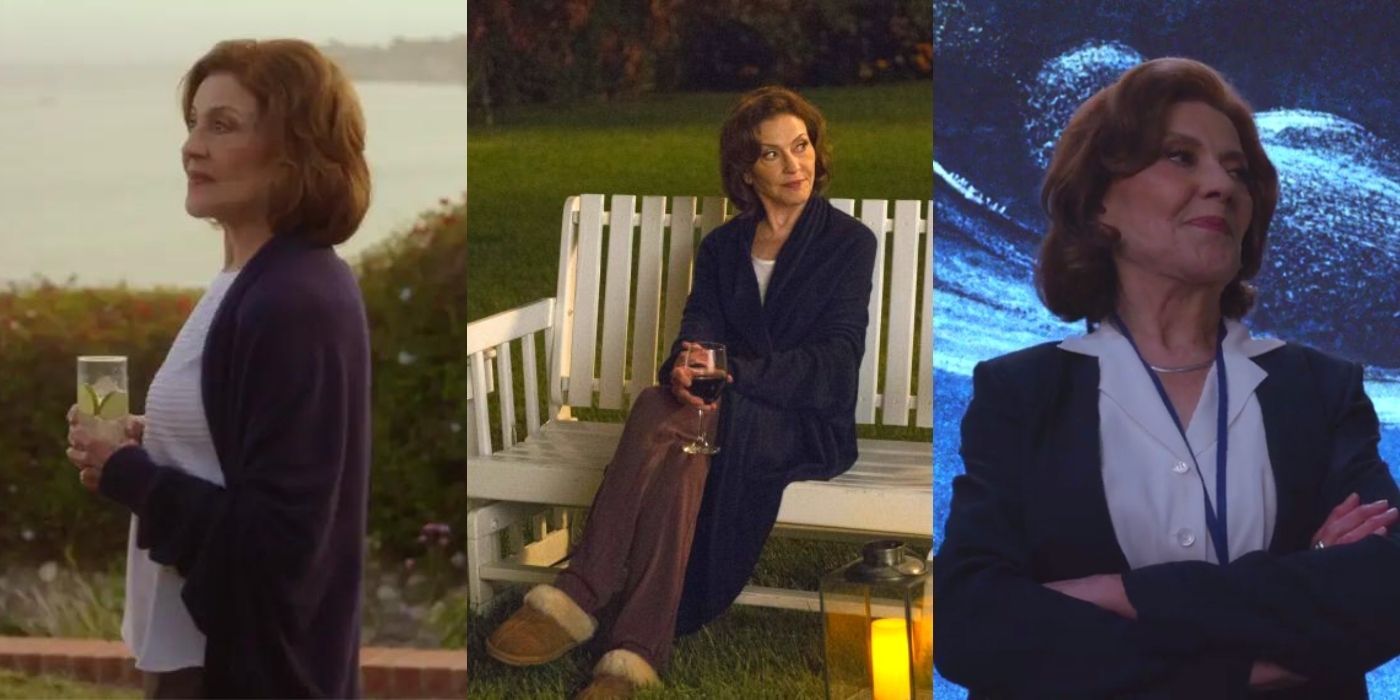 Three images of Emily Gilmore in different relaxed outfits throughout Gilmore Girls a Year in the Life