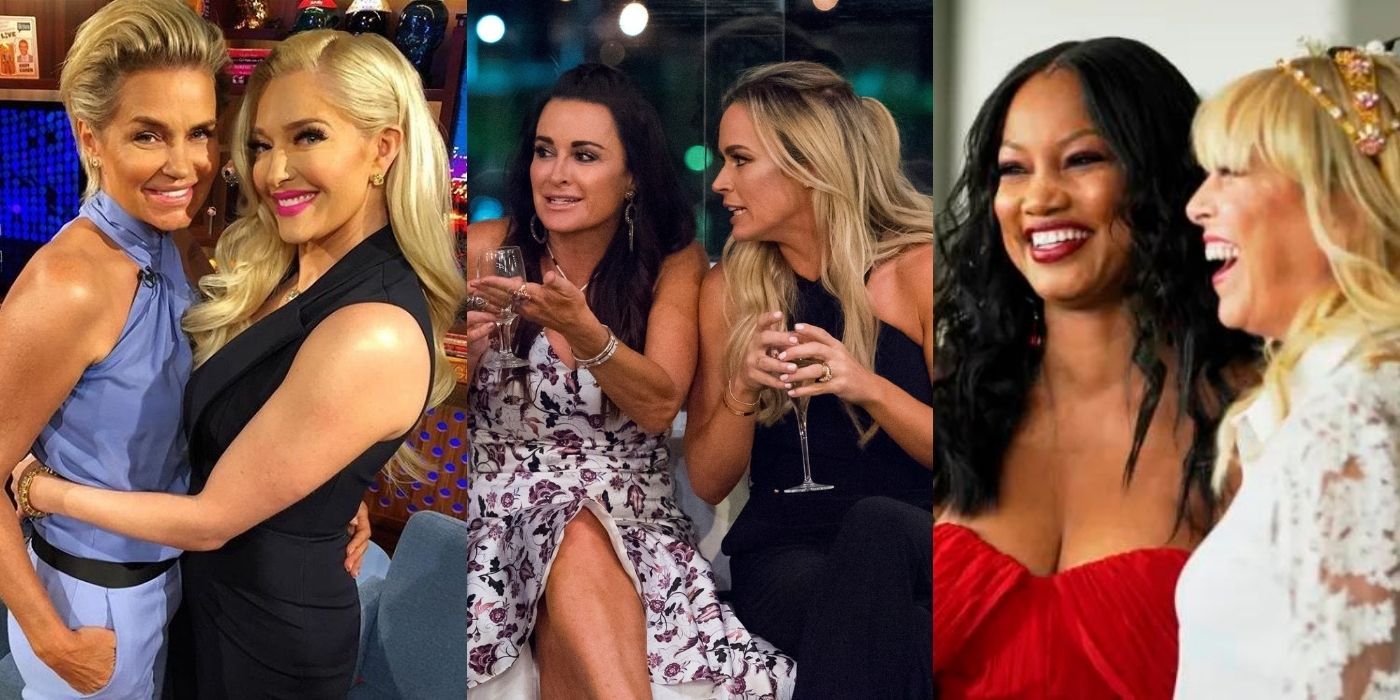 Three images of Yolanda and Erika smiling on set of WWHL, Kyle and Teddi laughing in a scene for RHOBH, and Garcelle and Sutton laughing in RHOBH