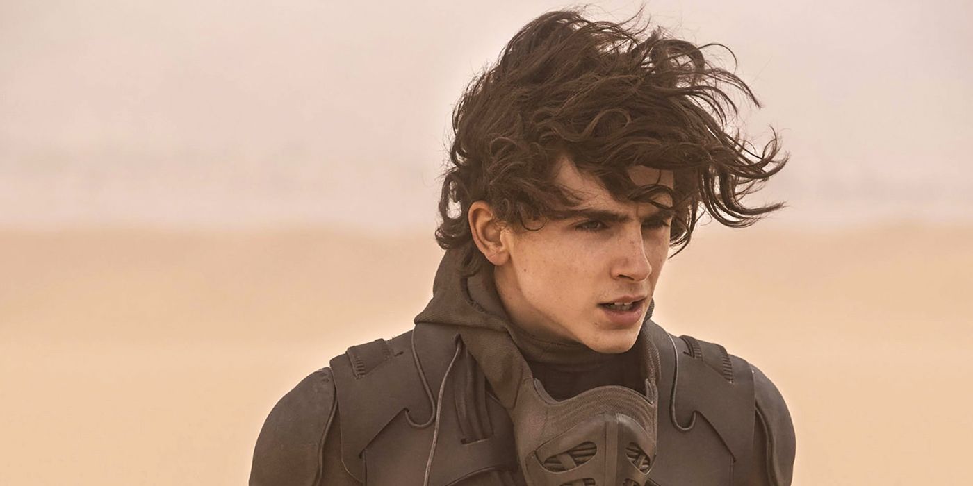 Paul stands in the middle of the desert as the wind blows through his hair in Dune (2021).