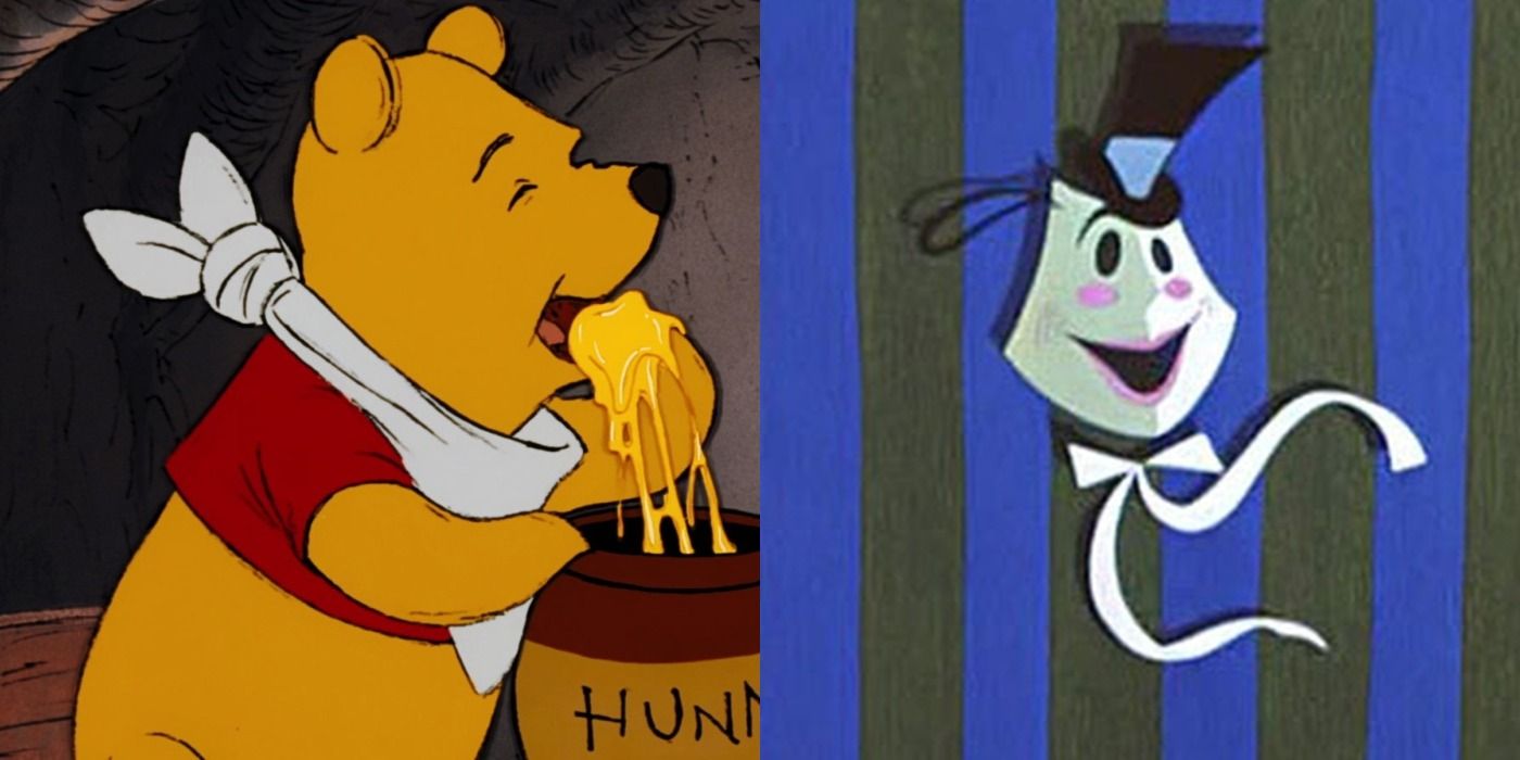 Two side by side images of Winnie the Pooh eating honey and singing masks in Melody Time.