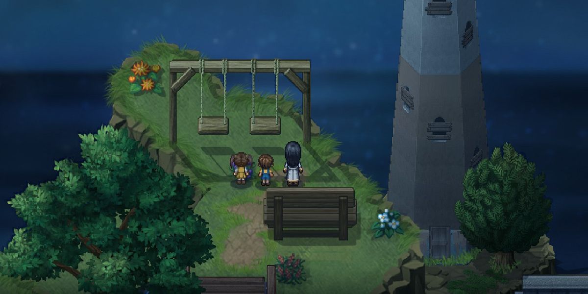 An image showing the three main characters standing in a playground in the Switch game To The Moon.