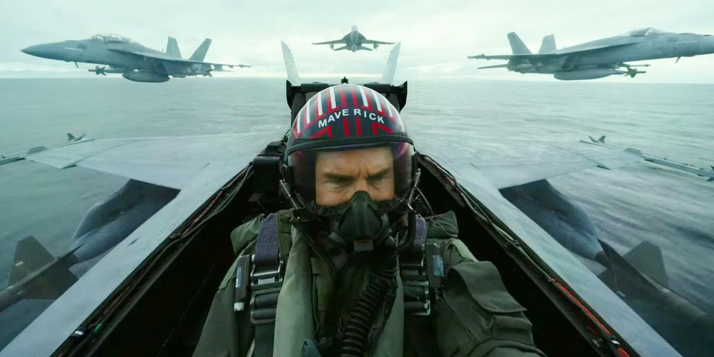 Tom Cruise piloting a jet in Top Gun Maverick.