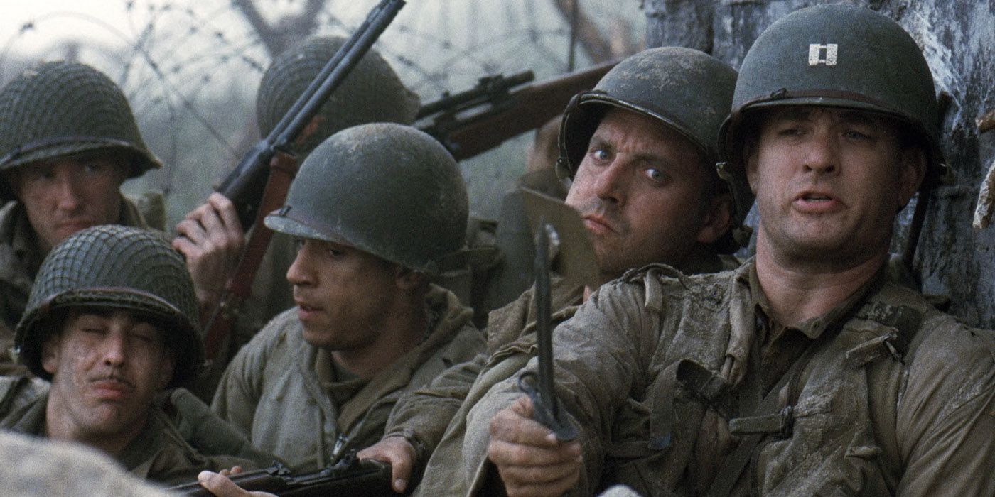Tom Hanks leads his squad into battle in Saving Private Ryan.