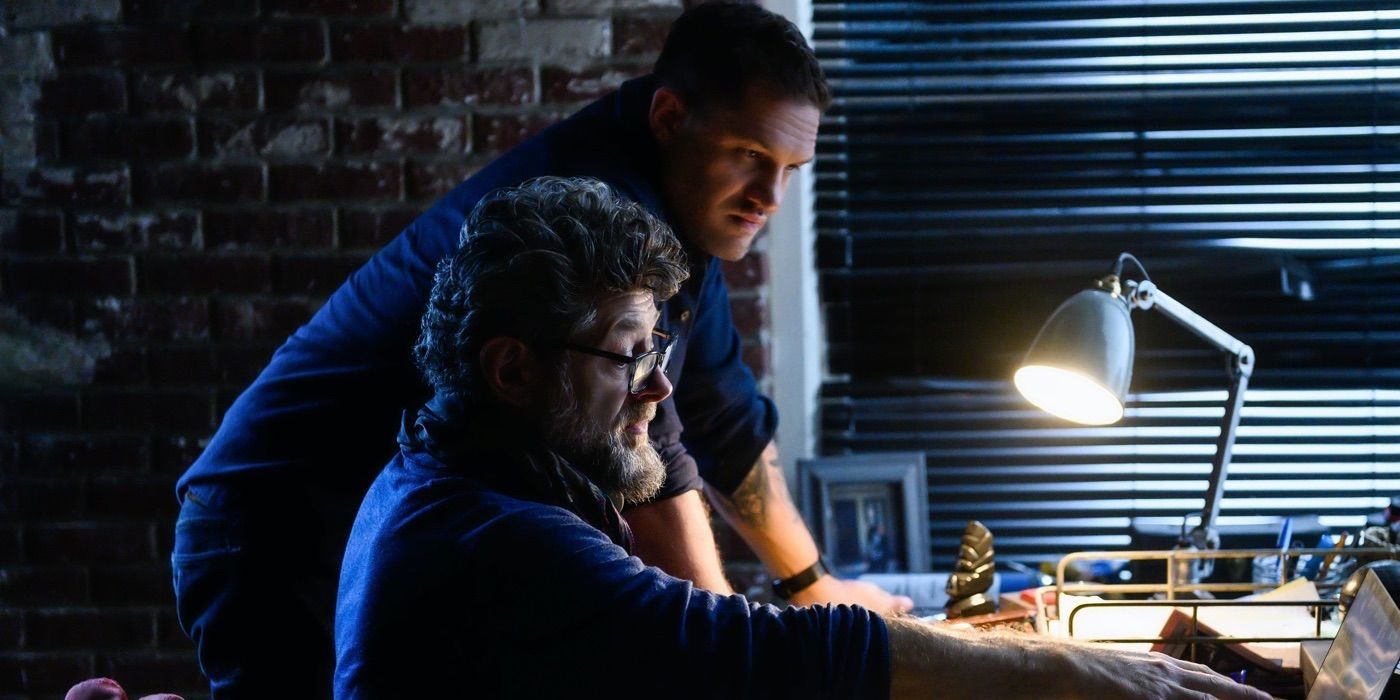 Behind the scenes image of Tom Hardy and Andy Serkis on Venom: Let There Be Carnage