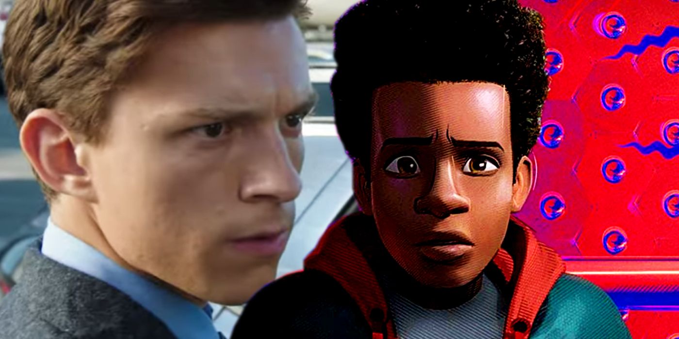 Tom Holland as Peter Parker in No way Home and Miles Morales in Spider-Man into the Spider-Verse