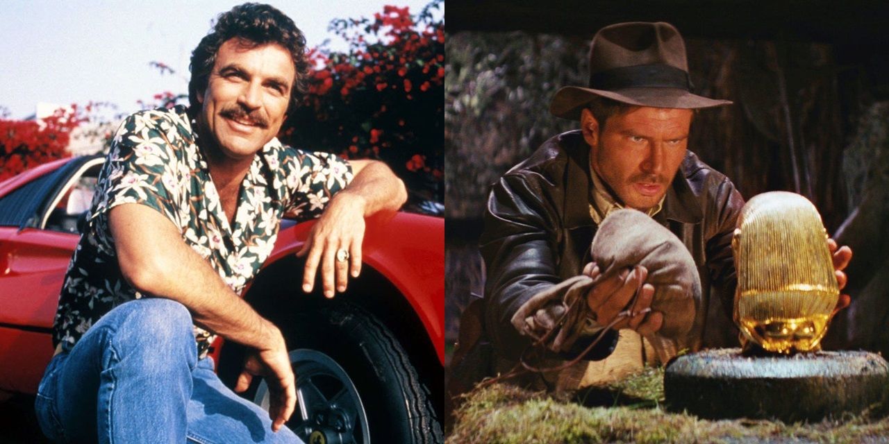 Tom Selleck in Magnum PI and Harrison Ford in Raiders of the Lost Ark