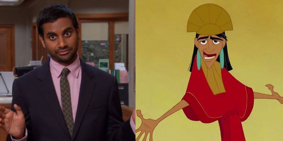 Split Image: Tom from Parks and Rec and Kuzco from Emperor&rsquo;s New Groove throwing their hands out