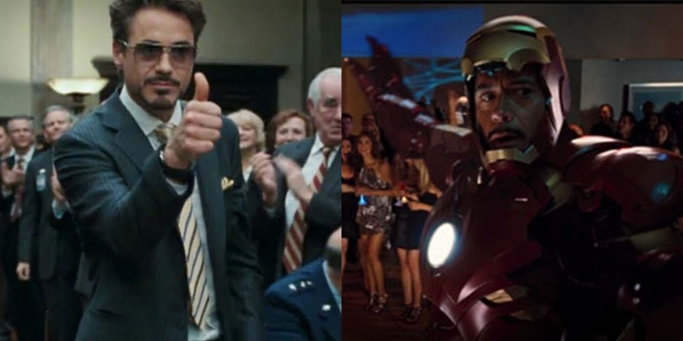Tony Stark and congress and Iron Man at a party.