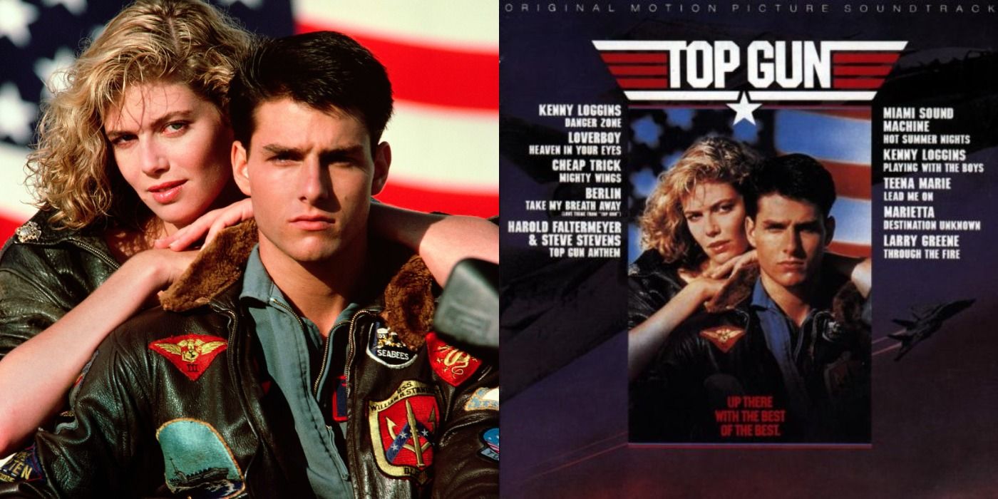 Split image showing Maverick and Charlie and the cover to the Top Gun soundtrack