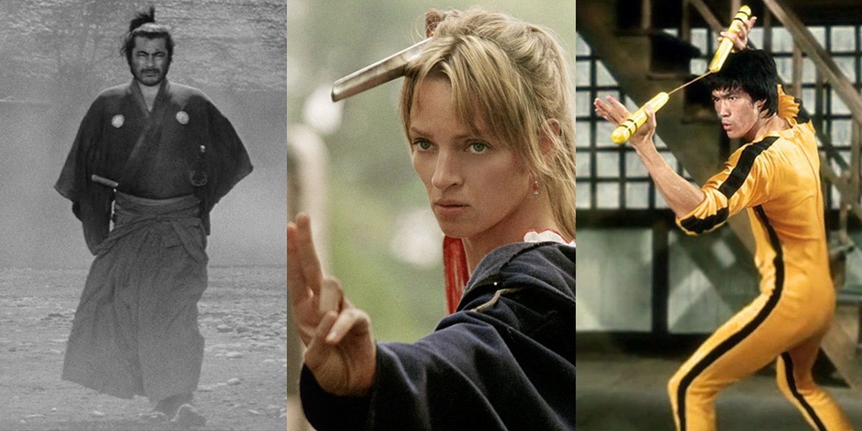 Toshiro Mifune in Yojimbo, Uma Thurman in Kill Bill Volume 2, and Bruce Lee in Game of Death