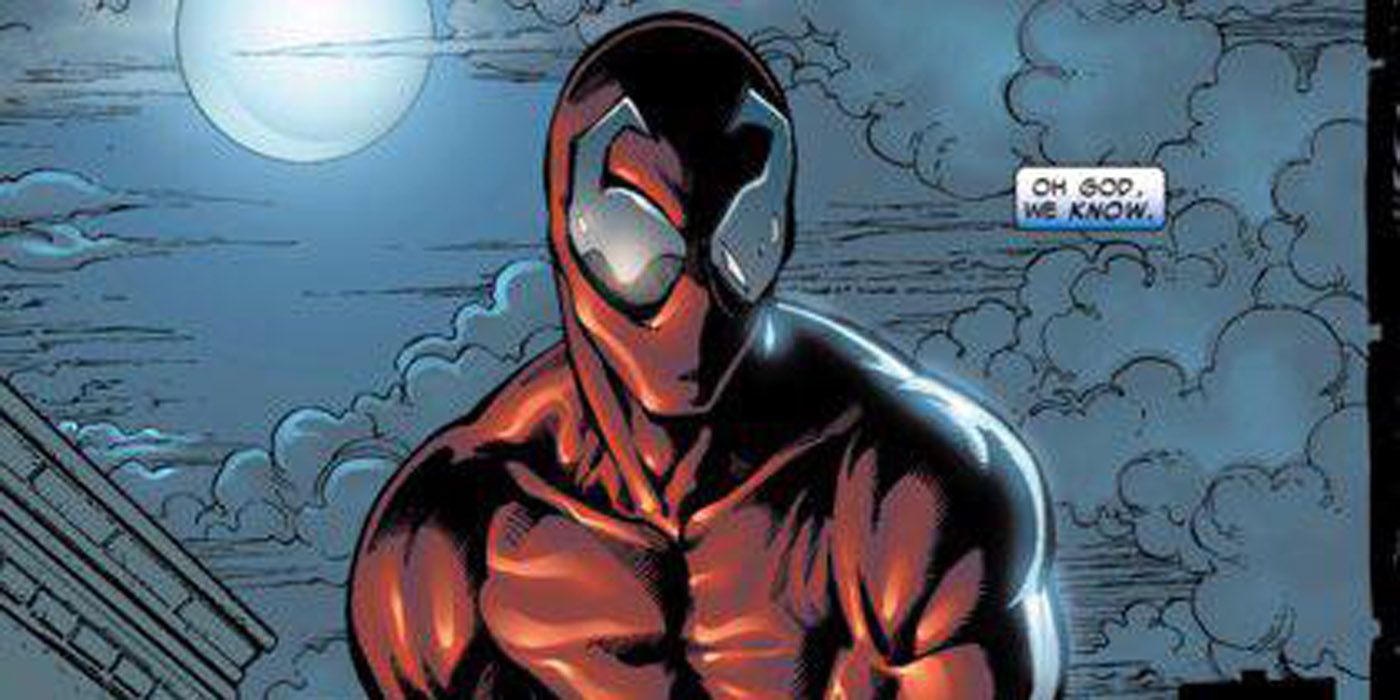 Toxin perched above the city in Spider-Man comics.