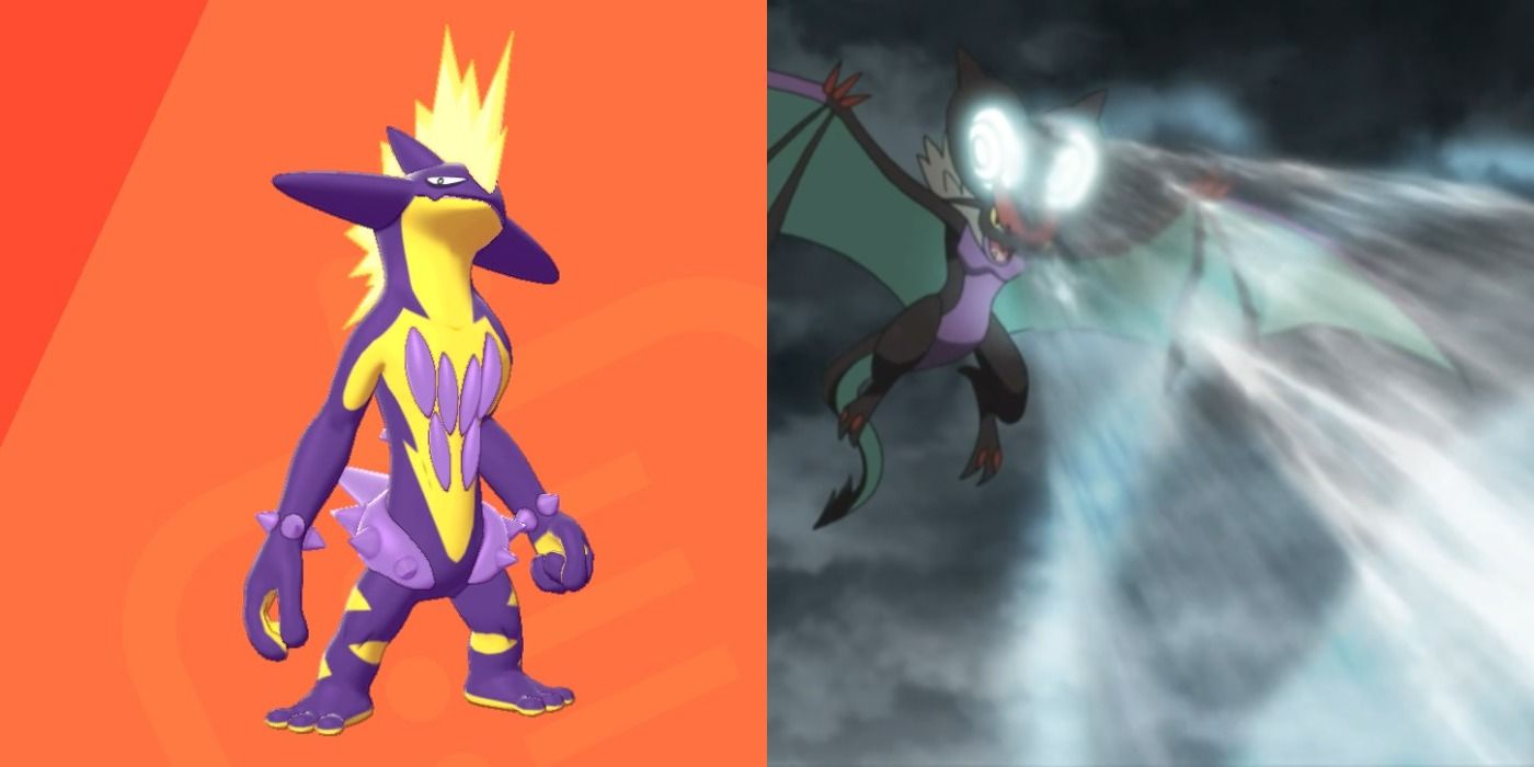 Toxtricity's in-game dex entry and Noivern using Boomburst in the Pokémon anime