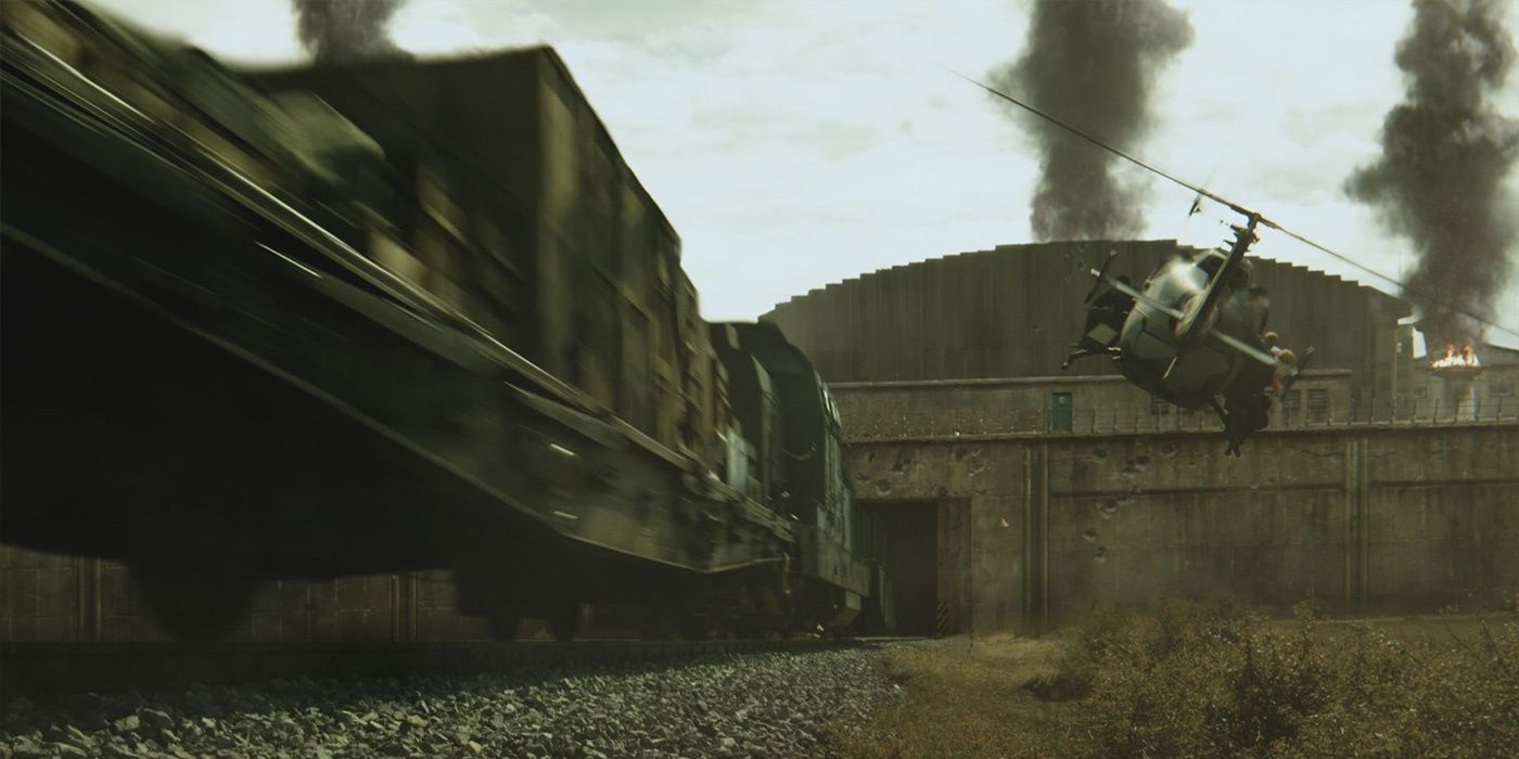 Train crashes into prison as helicopter flies away Expendables 3