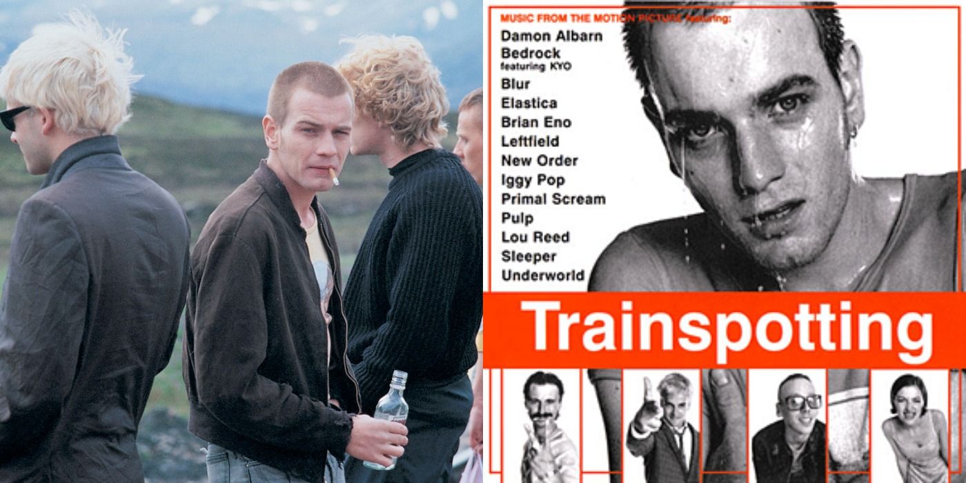 Split image showing Ewan McGregor in Trainspotting, and the movie's soundtrack